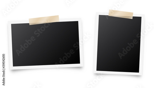 Realistic blank photo card frame, film set. Retro vintage photograph with adhesive tape. Digital snapshot image. Template or mockup for design. Vector illustration.