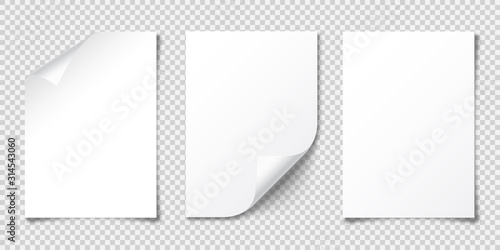 Realistic blank paper sheet with shadow in A4 format isolated on transparent checkered background. Notebook or book page. Design template or mockup. Vector illustration.