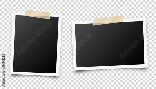 Realistic blank photo card frame, film set. Retro vintage photograph with adhesive tape. Digital snapshot image. Template or mockup for design. Vector illustration.