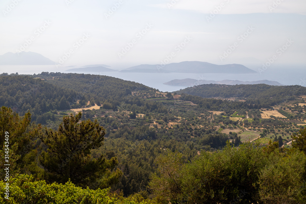Panoramic view on the landscape and the aegean sea on Greek island Rhodes