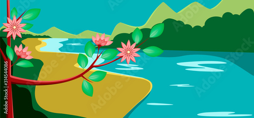 Landscaping illustration. Mountain nature and river. Vector illustration