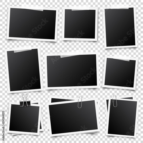 Realistic blank photo card frame, film set. Retro vintage photograph with transparent adhesive tape and paper clip. Digital snapshot image. Template or mockup for design. Vector illustration.