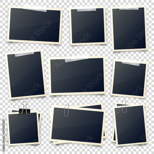 Realistic blank photo card frame, film set. Retro vintage photograph with transparent adhesive tape and paper clip. Digital snapshot image. Template or mockup for design. Vector illustration.