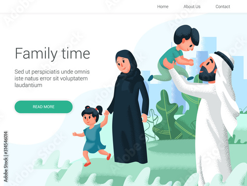 Arabic family playing with children in the park. Cartoon Vector illustration. Family day, celebration.