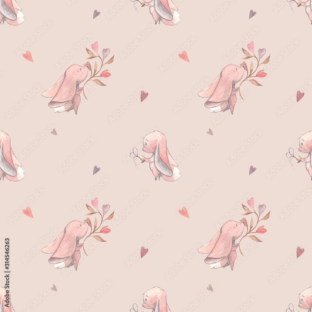 Watercolor kids pattern with fennec fox, hearts and flowers