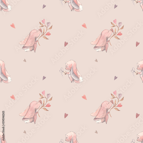 Watercolor kids pattern with fennec fox  hearts and flowers