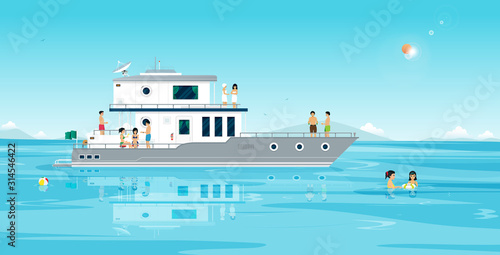 Male and female friends traveling at sea are partying on a yacht.