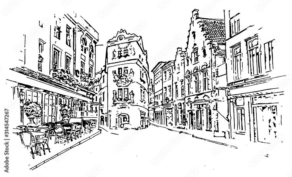 graphic illustration of the courtyard, black and white drawing, old town street, the road between the houses .vector image