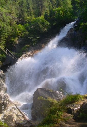Rauschender Wasserfall mit Gestein in den Wäldern