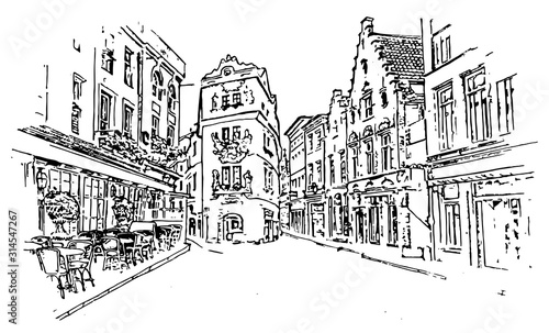 graphic illustration of the courtyard  black and white drawing  old town street  the road between the houses .vector image