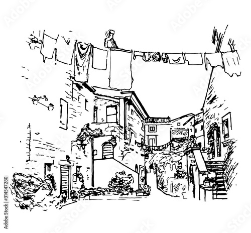 Fototapeta Naklejka Na Ścianę i Meble -  graphic illustration of a courtyard, black and white drawing, patio .vector image