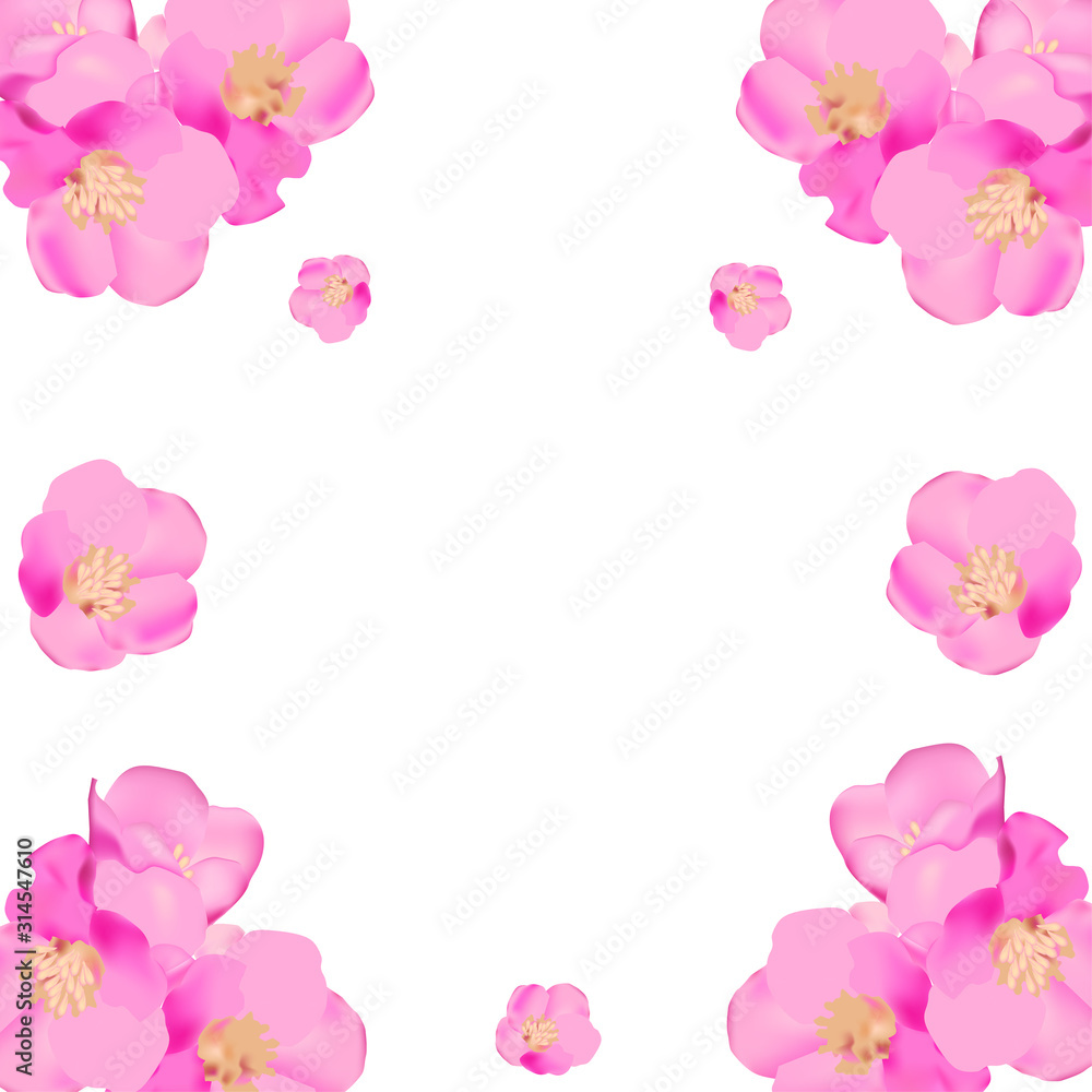 Background with pink spring flowers. Floral poster, invite. Decorative greeting card. Invitation design backdrop. Illustration.