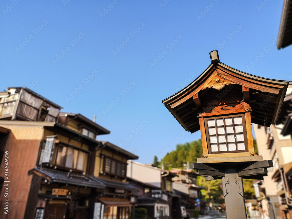 Wooden lantern in the old center of the Japanese mountain village Takayama in Gifu prefecture