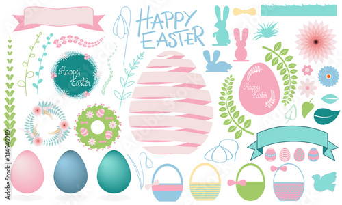 Happy Easter big set of floral vector elements: easter egg, rabbit, ribbon, wreath, basket, spring flowers, bird