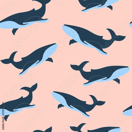 Seamless pattern pattern of a blue whale on a pink background. Children s print. The inhabitants of the sea.
