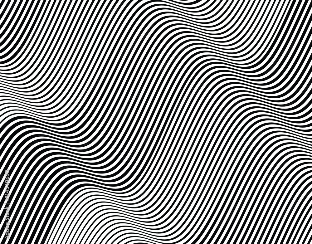 Abstract 3d background with optical illusion wave. Black and white horizontal lines with wavy distortion effect for prints, web pages, template, posters, monochrome backgrounds and pattern