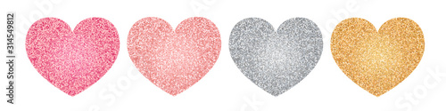 Glitter hearts set. Valentine's day design. Pink, silver and golden heart shapes. Vector illustration on white background.