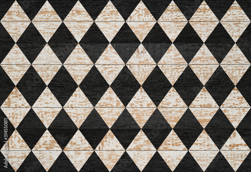 Worn painted wooden wall with rhombus pattern. Shabby black and white vintage parquet floor. 