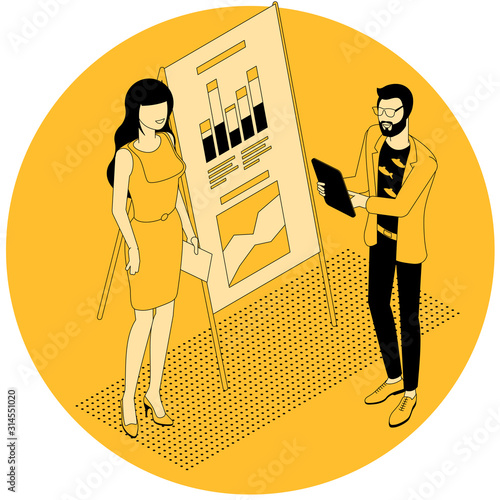 Flat design isometric business training education coaching trainer class infographic cvector oncept. Office meeting room report business collaboration teamwork brainstorming.