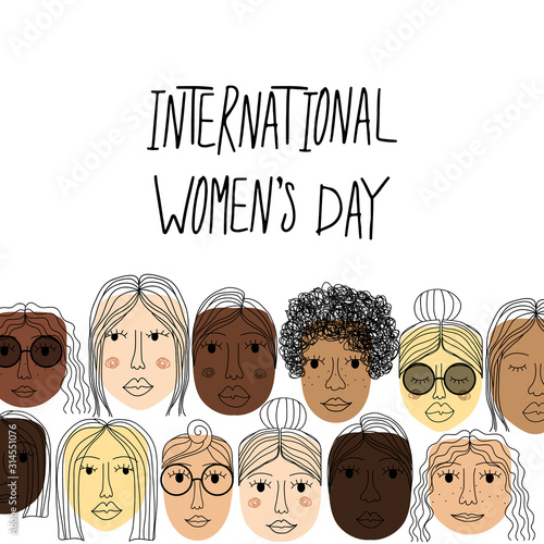 International Women's Day card with hand drawn cartoon characters of women for poster, flyer etc in modern flat minimalism style, vector illustration