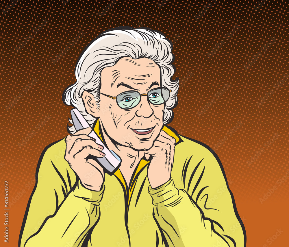 Old women talking on mobile phones. Pop art vector illustration drawing. Comic book work style. Old women talking on mobile phones. Pop art vector illustration drawing. Comic book work style.