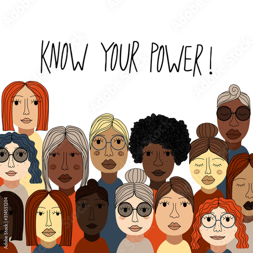 International Women's Day card with hand drawn cartoon characters of women for poster, flyer etc in modern flat minimalism style, vector illustration