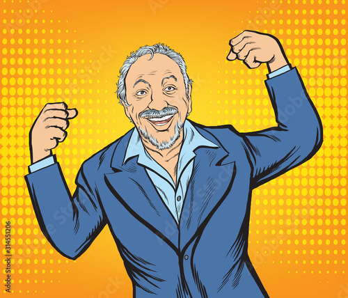 Happy old man showing power.Pop art vector illustration drawing,Comic book work style