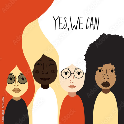 International Women's Day card with hand drawn cartoon characters of women for poster, flyer etc in modern flat minimalism style, vector illustration