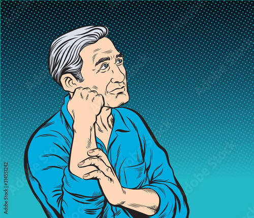 The old man sitting and thinking.Pop art vector illustration drawing. Comic book work style.