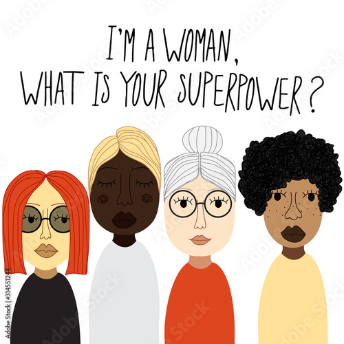 International Women's Day card with hand drawn cartoon characters of women for poster, flyer etc in modern flat minimalism style, vector illustration