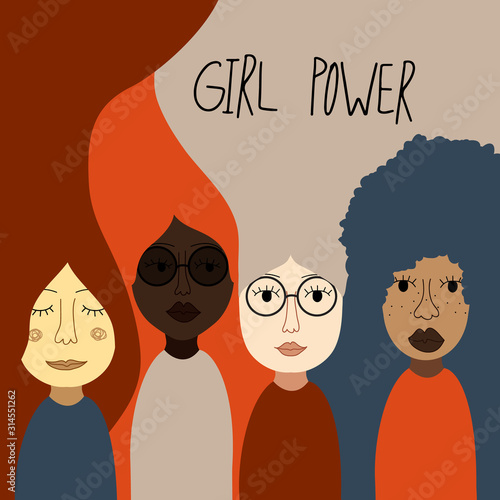 International Women's Day card with hand drawn cartoon characters of women for poster, flyer etc in modern flat minimalism style, vector illustration