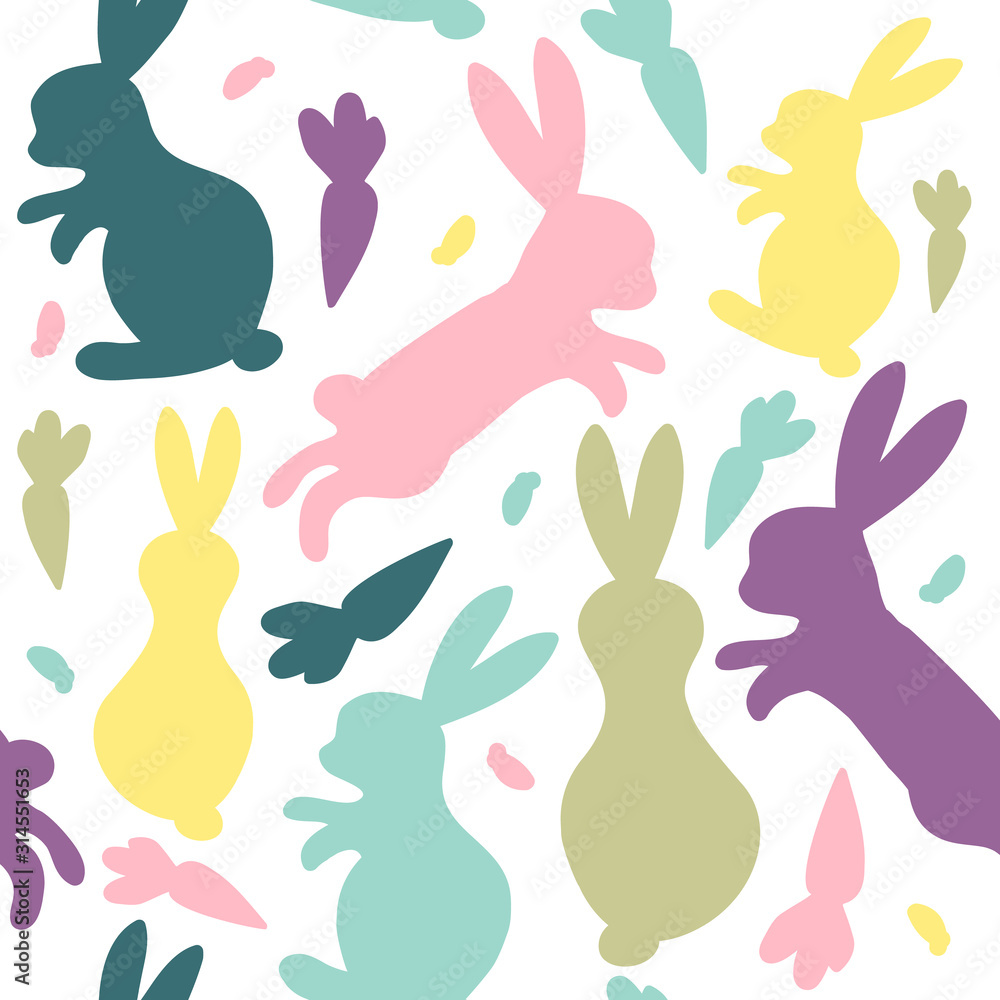 Easter silhouettes eggs and bunnies colorful seamless pattern for kids textile, fabrics, apparel etc
