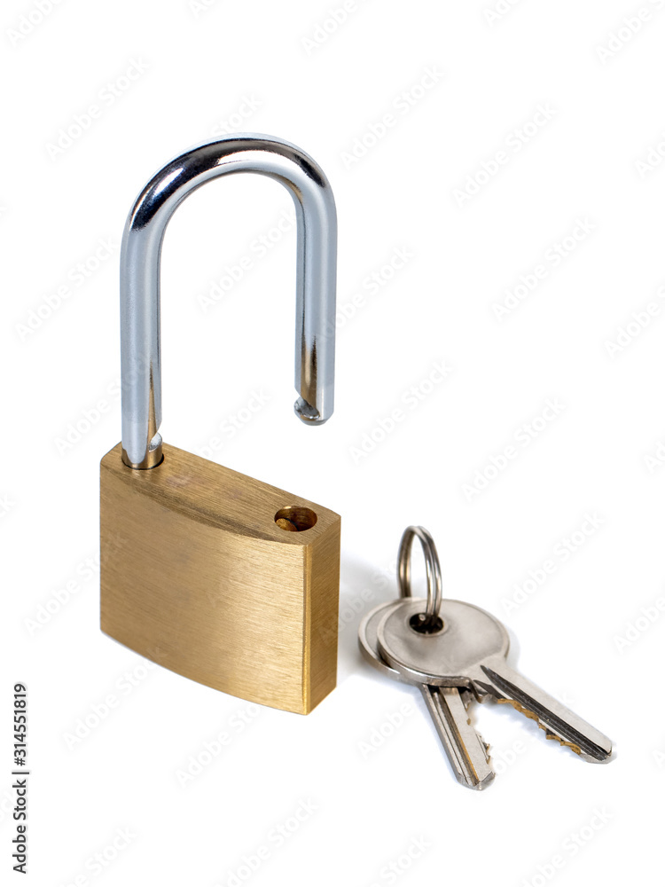 Metal padlock with keys on a ring isolated on white background Metal padlock with keys on a ring isolated on white background
