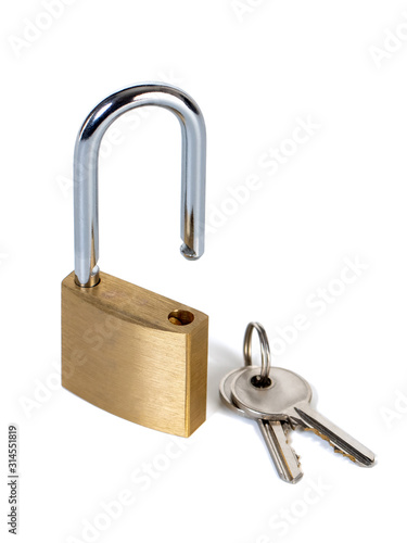 Metal padlock with keys on a ring isolated on white background