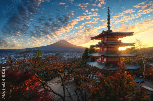 Beautiful Fuji mountain and Red pagoda Chureito at sunset in Fujiyoshida city in Yamanashi, Japan