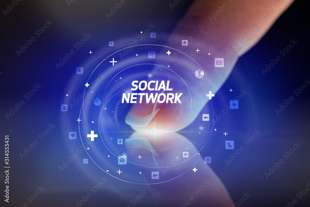 Finger touching tablet with social media icons and SOCIAL NETWORK Finger touching tablet with social media icons and SOCIAL NETWORK