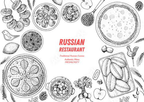 Russian cuisine top view frame. Food menu design elements. Traditional dishes. Russian food. Doodle collection. Vintage hand drawn sketch vector illustration. Menu background. Engraved style.