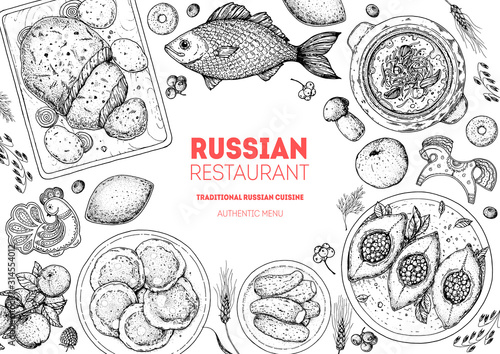 Russian cuisine top view frame. Food menu design elements. Traditional dishes. Russian food. Doodle collection. Vintage hand drawn sketch vector illustration. Menu background. Engraved style.
