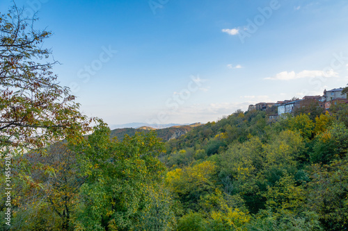 Autumn mountain view of Kakheti region of Georgia. Autumn leaves and trees around Sighnaghi town.