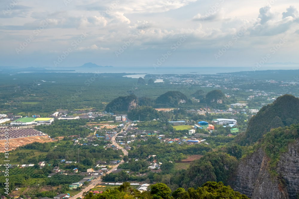 Beautiful view of Krabi town from the top of the Tiger Cave Temple in Thailand.