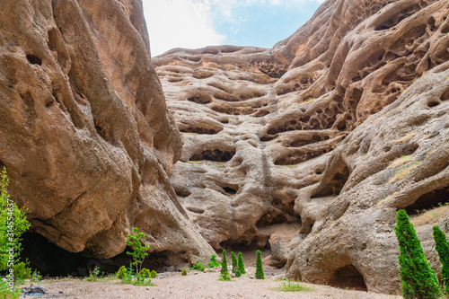 Alamut Canyon view in Iran. Cave structured canyons are located in Alamut Valley area at the southern slope of Alborz Mountain range at northern Iran photo