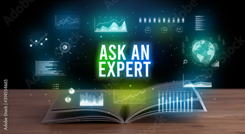 ASK AN EXPERT inscription coming out from an open book, creative business concept