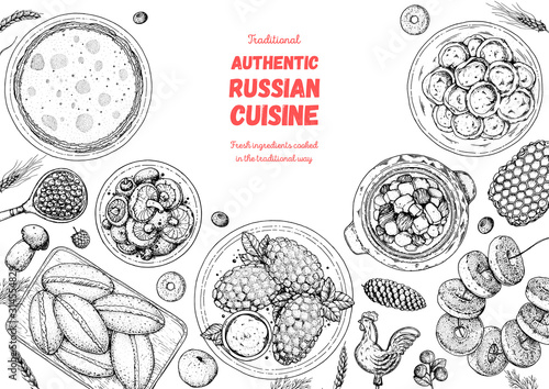 Russian cuisine top view frame. Food menu design elements. Traditional dishes. Russian food. Doodle collection. Vintage hand drawn sketch vector illustration. Retro menu background. Engraved style.