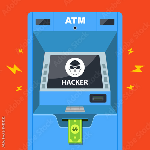 hacker hacked an ATM and steals money. flat vector illustration