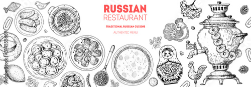 Russian cuisine top view frame. Food menu design elements. Traditional dishes. Russian food. Doodle collection. Vintage hand drawn sketch vector illustration. Menu background. Engraved style.