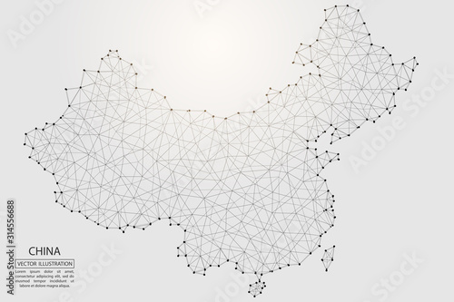 A map of China consisting of 3D triangles, lines, points, and connections. Vector illustration of the EPS 10.
