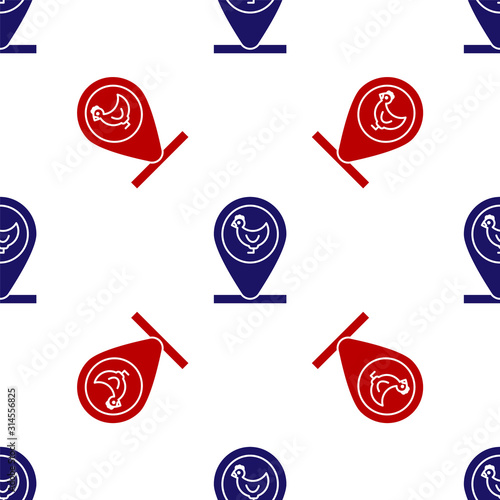 Blue and red Chicken farm and location icon isolated seamless pattern on white background. Vector Illustration