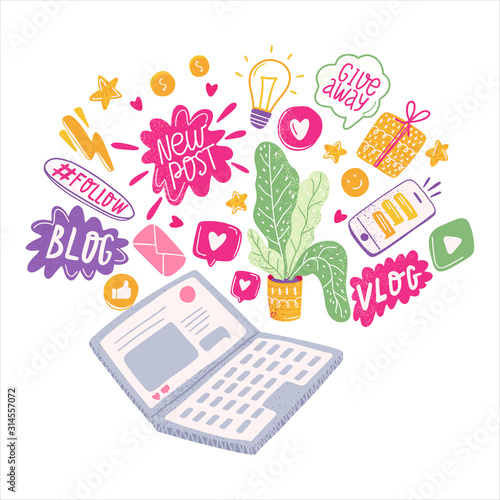 Blogger set design and elements of the blog. Cute speech bubbles with keywords vlog, blog, new post, follow, give away and social icons. Vector illustration.