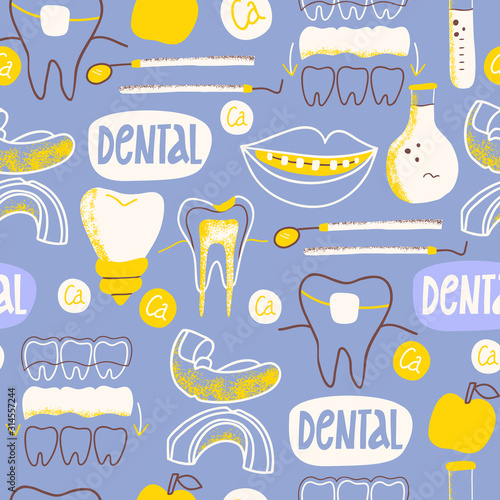 Dental seamless pattern. Mouthguard. Orthodontic silicone trainer. Invisible braces aligner. Human teeth or dentures. Hand-drawn illustration.