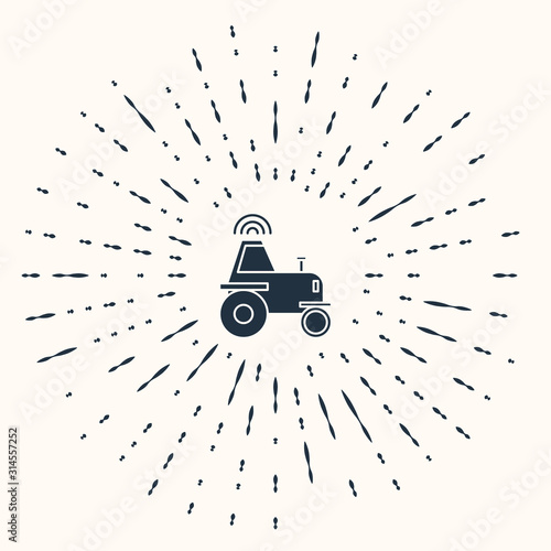 Grey Self driving wireless tractor on a smart farm icon isolated on beige background. Smart agriculture implement element. Abstract circle random dots. Vector Illustration